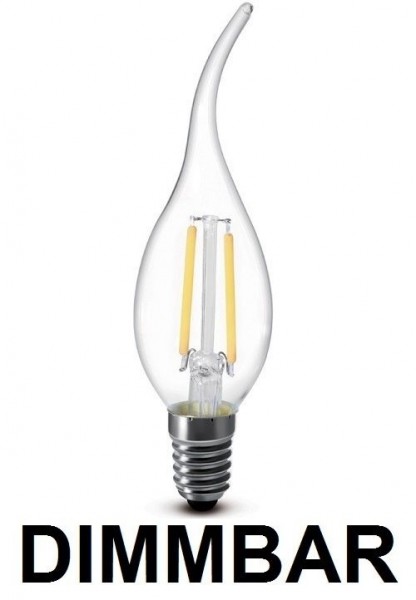 Dimmbare 2 Watt Filament LED Lampe, Kerze Windstoß, E14, Lichtfarbe warmweiß 2700 K, Klarglas