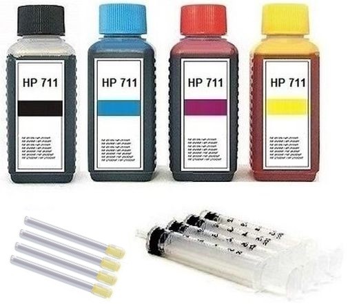 Nachfüllset für HP 711 (XL) black, cyan, magenta, yellow Tintenpatronen - 4 x 100 ml Tinte + Zubehör