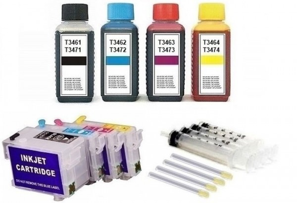 Wiederbefüllbare Tintenpatronen wie Epson T3471-T3474, T34 XL + 400 ml Nachfülltinte