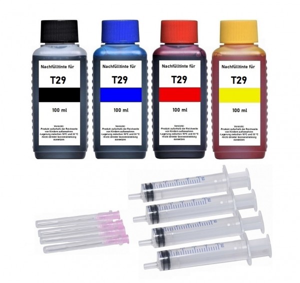 Nachfüllset für Epson Tintenpatronen T2981-T2984, T2991-T2994, T29XL - 4 x 100 ml Tinte + Zubehör