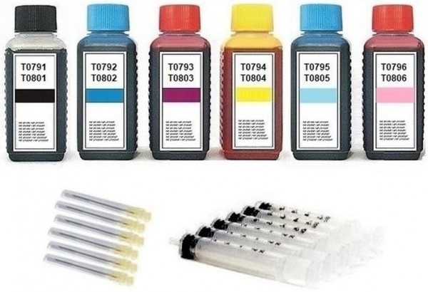 Nachfüllset für Epson Tintenpatronen T0791-T0796, T0801-T0806 - 6 x 100 ml Nachfülltinte + Zubehör