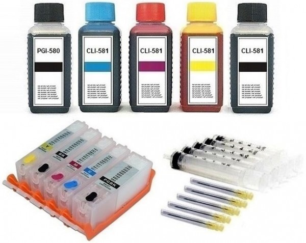 5 wiederbefüllbare Tintenpatronen wie Canon PGI-580 & CLI-581 + 500 ml Nachfülltinte