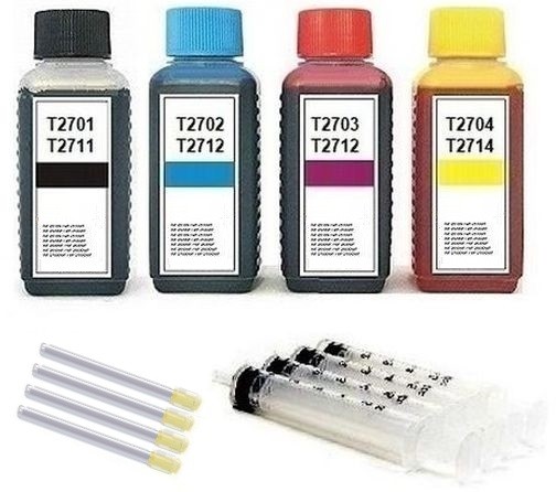Nachfüllset für Epson Tintenpatronen T2701-T2704, T2711-T2714, T27 XL - 4 x 100 ml Tinte + Zubehör
