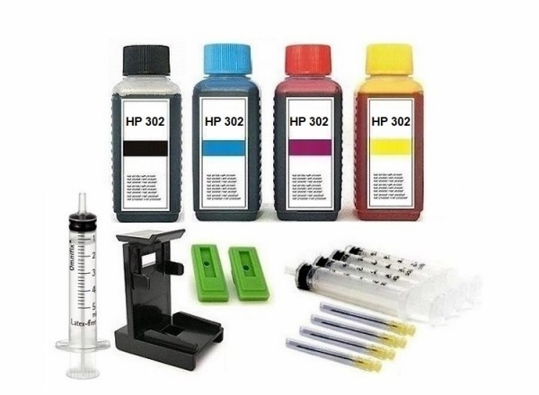 Nachfüllset für HP 302 (XL) black + color Tintenpatronen - 4 x 100 ml Nachfülltinte + Zubehör
