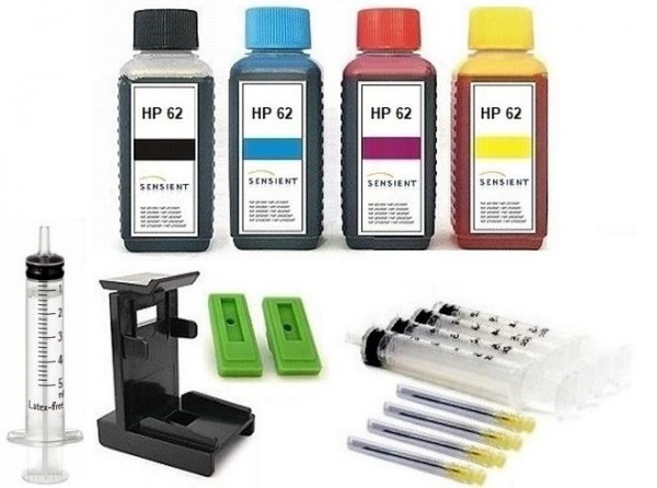 Nachfüllset für HP 62 (XL) black + color Tintenpatronen - 4 x 100 ml Sensient Tinte + Zubehör