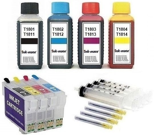 Wiederbefüllbare QUICKFILL-FILL-IN Patronen wie Epson T1811-T1814, T18 XL + 400 ml INK-MATE Tinten