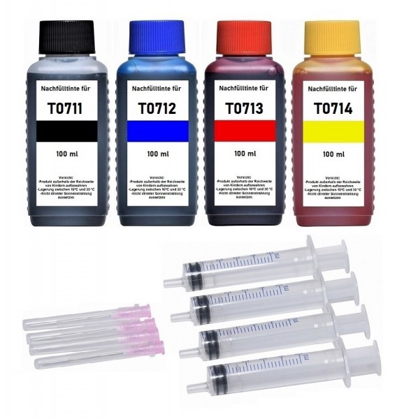 Nachfüllset für Epson Tintenpatronen T0711-T0714, T0611-T0614 - 4 x 100 ml Nachfülltinte + Zubehör