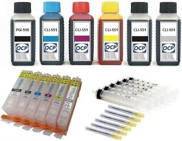 6 wiederbefüllbare QUICKFILL-FILL-IN Patronen wie Canon PGI-550 & CLI-551 + 600 ml OCP Tinten