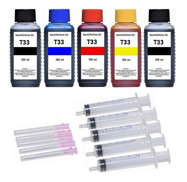 Nachfüllset für Epson Tintenpatronen T3351 + T3361 - T3364, T33 XL - 5 x 100 ml Tinte + Zubehör