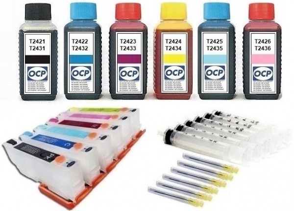 Wiederbefüllbare QUICKFILL-FILL-IN Patronen wie Epson T2431-T2436, T24 XL + 600 ml OCP Tinten