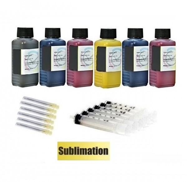 6 x 100 ml Sublimationstinte black, cyan, magenta, yellow, light-cyan, light-magenta für Epson