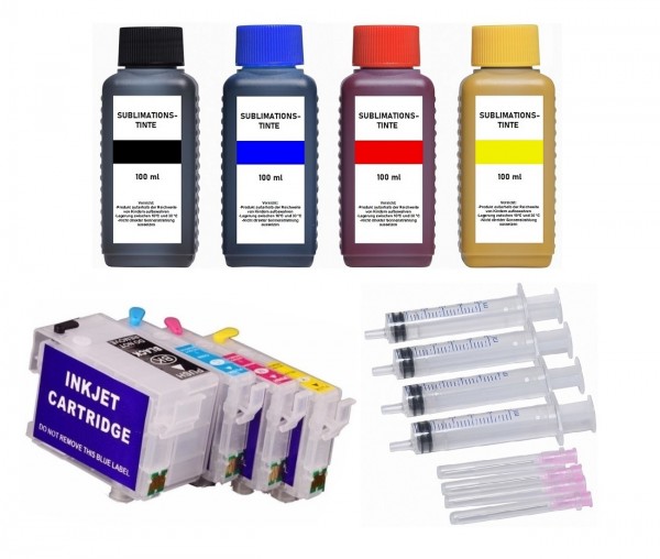 Wiederbefüllbare Tintenpatronen wie Epson T34XL + 4 x 100 ml Sublimationstinte