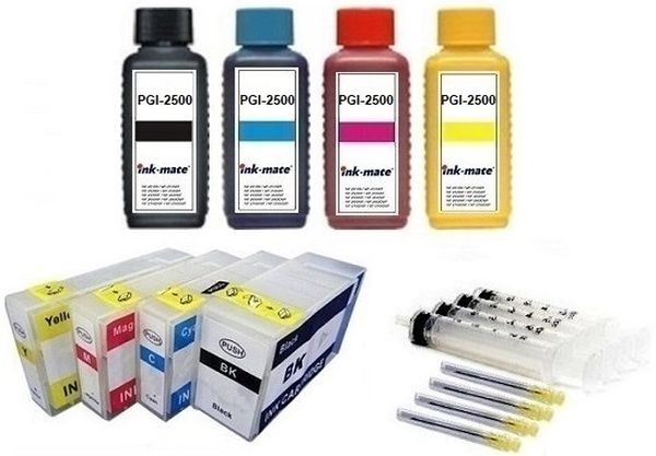 Wiederbefüllbare Tintenpatronen wie Canon PGI-2500 + 4 x 100 ml Nachfülltinte