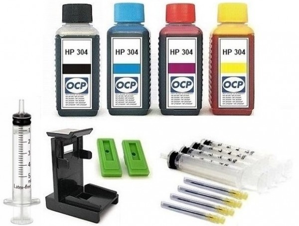 Nachfüllset für HP 304 (XL) black + color Tintenpatronen - 4 x 100 ml OCP Tinte + Zubehör