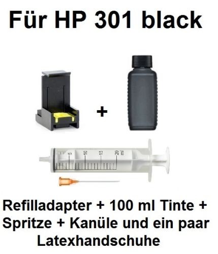 Befülladapter + 100 ml INK-MATE Nachfüll-Tinte schwarz für HP 301 black (XL)