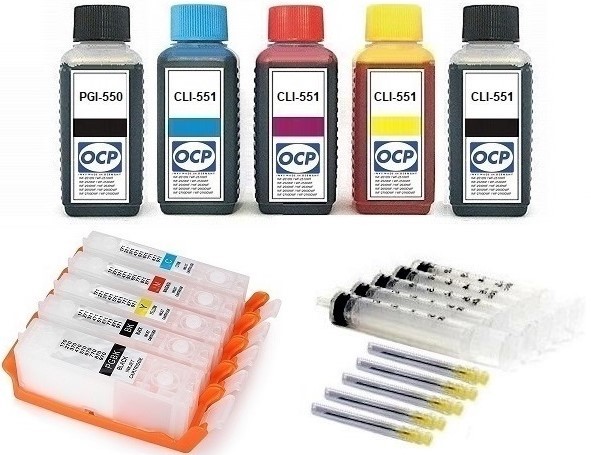 5 wiederbefüllbare QUICKFILL-FILL-IN Patronen wie Canon PGI-550 & CLI-551 + 500 ml OCP Tinten