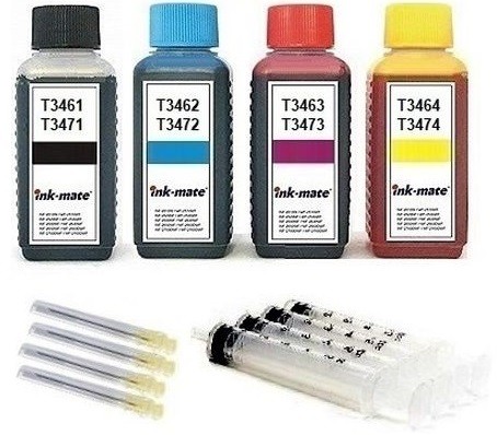 Nachfüllset für Epson Tintenpatronen T3461-T3464, T3471-T3474, T34 XL - 4 x 100 ml Tinte + Zubehör