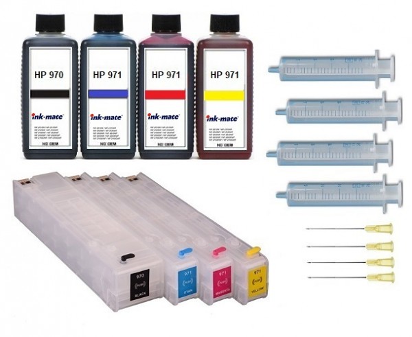 Wiederbefüllbare Tintenpatronen wie HP 970 &amp; 971 XL + 4 x 250 ml Nachfülltinte