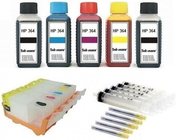 Wiederbefüllbare QUICKFILL-FILL-IN Patronen HP 364 XL - 5 Patronen + 500 ml INK-MATE Tinten
