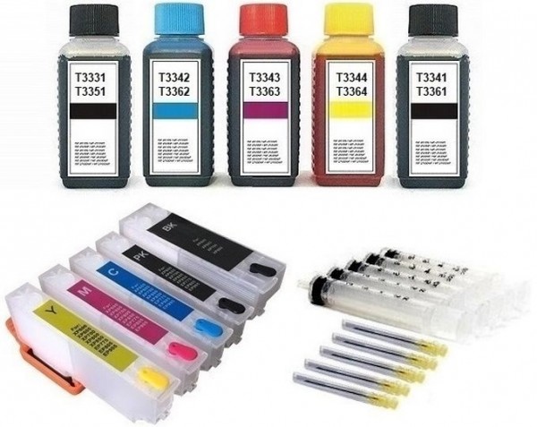 Wiederbefüllbare Tintenpatronen wie Epson T33 XL + 500 ml Nachfülltinte