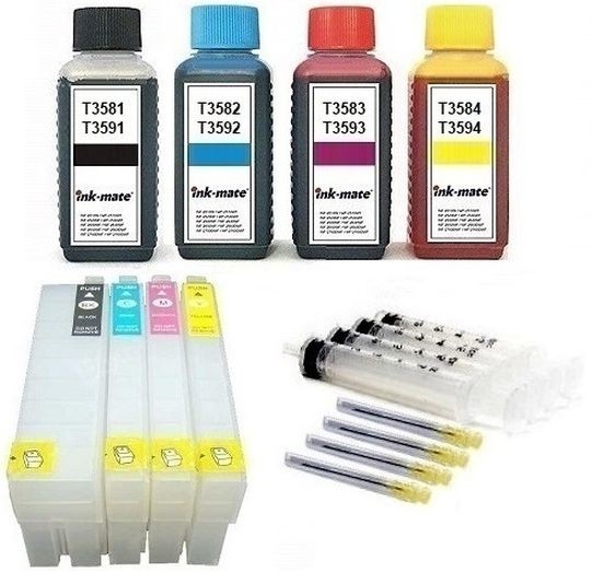 Wiederbefüllbare QUICKFILL-FILL-IN Patronen wie Epson T3591-T3594, T35 XL + 400 ml INK-MATE Tinten