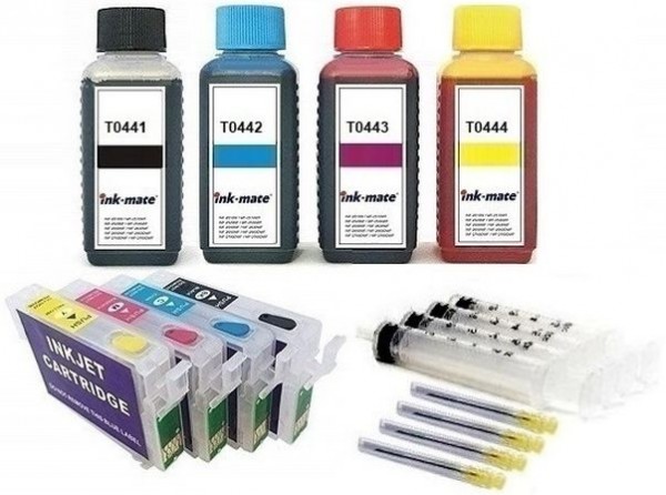 Wiederbefüllbare QUICKFILL-FILL-IN Patronen wie Epson T0441-T0444 + 400 ml INK-MATE Tinten