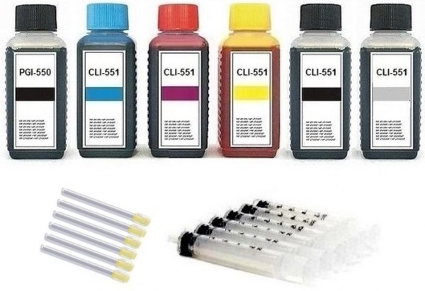 Nachfüllset für Canon Tintenpatronen PGI-550 + CLI-551 - 6 x 100 ml Nachfülltinte + Zubehör