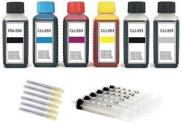 Nachfüllset für Canon Tintenpatronen PGI-550 + CLI-551 - 6 x 100 ml Nachfülltinte + Zubehör