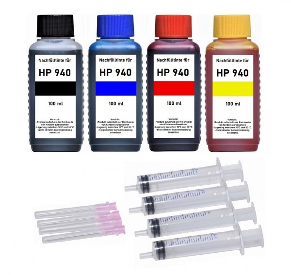 Nachfüllset für HP 940 (XL) black, cyan, magenta, yellow Tintenpatronen - 400 ml Tinte + Zubehör
