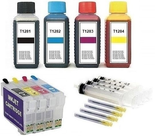 Wiederbefüllbare Tintenpatronen wie Epson T1281-T1284 + 400 ml Nachfülltinte