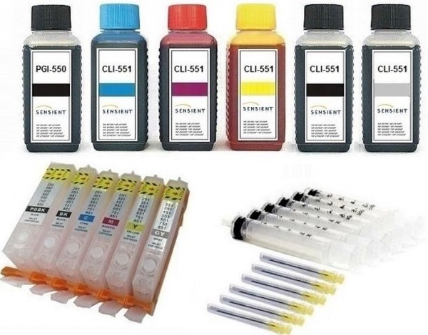 6 wiederbefüllbare QUICKFILL-FILL-IN Patronen wie Canon PGI-550 & CLI-551 + 600 ml SENSIENT Tinte