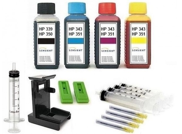 Nachfüllset für HP 336, 337, 338, 339, 342, 343, 344 Tintenpatronen - 4 x 100 ml Sensient Tinte