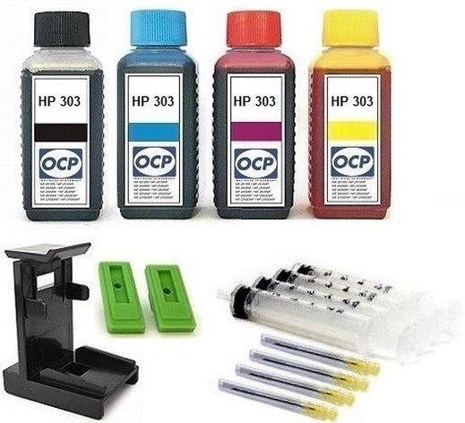 Nachfüllset für HP 303 (XL) black + color Tintenpatronen - 4 x 100 ml OCP Tinte + Zubehör