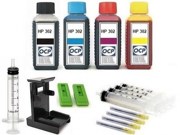 Nachfüllset für HP 302 (XL) black + color Tintenpatronen - 4 x 100 ml OCP Tinte + Zubehör