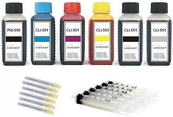 Nachfüllset für Canon Tintenpatronen PGI-550 + CLI-551 - 6 x 100 ml Sensient Tinte + Zubehör