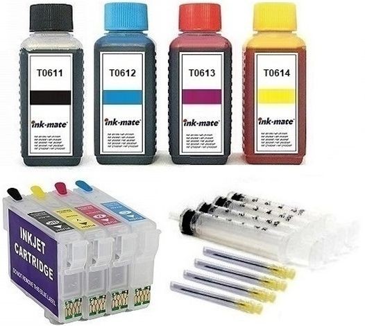 Wiederbefüllbare QUICKFILL-FILL-IN Patronen wie Epson T0611-T0614 + 400 ml INK-MATE Tinten
