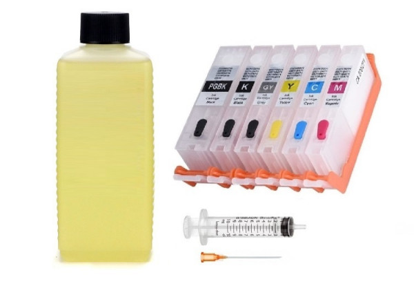 Reinigungspatronen - 6 wiederbefüllbare Patronen Canon PGI-550 &amp; CLI-551 + 500 ml Druckkopf-Reiniger