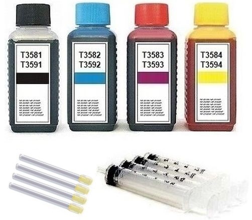 Nachfüllset für Epson Tintenpatronen T3581-T3584, T3591-T3594, T35 XL - 4 x 100 ml Tinte + Zubehör