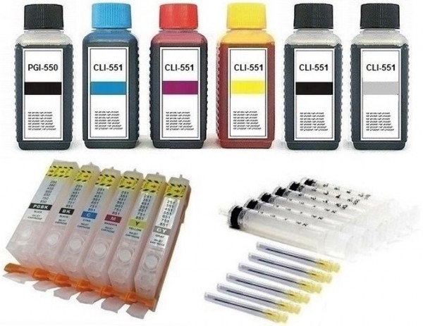 6 wiederbefüllbare Tintenpatronen wie Canon PGI-550 & CLI-551 + 600 ml Nachfülltinte